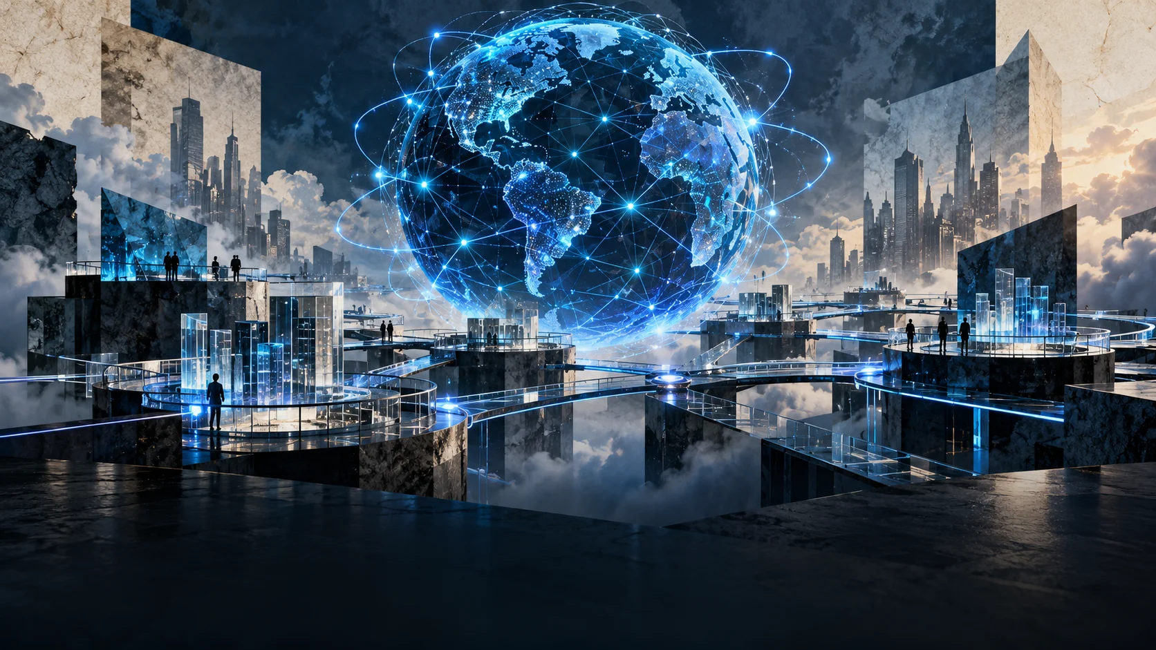 Conceptual illustration of connected digital platforms; not a depiction of an operating Zevunto service.